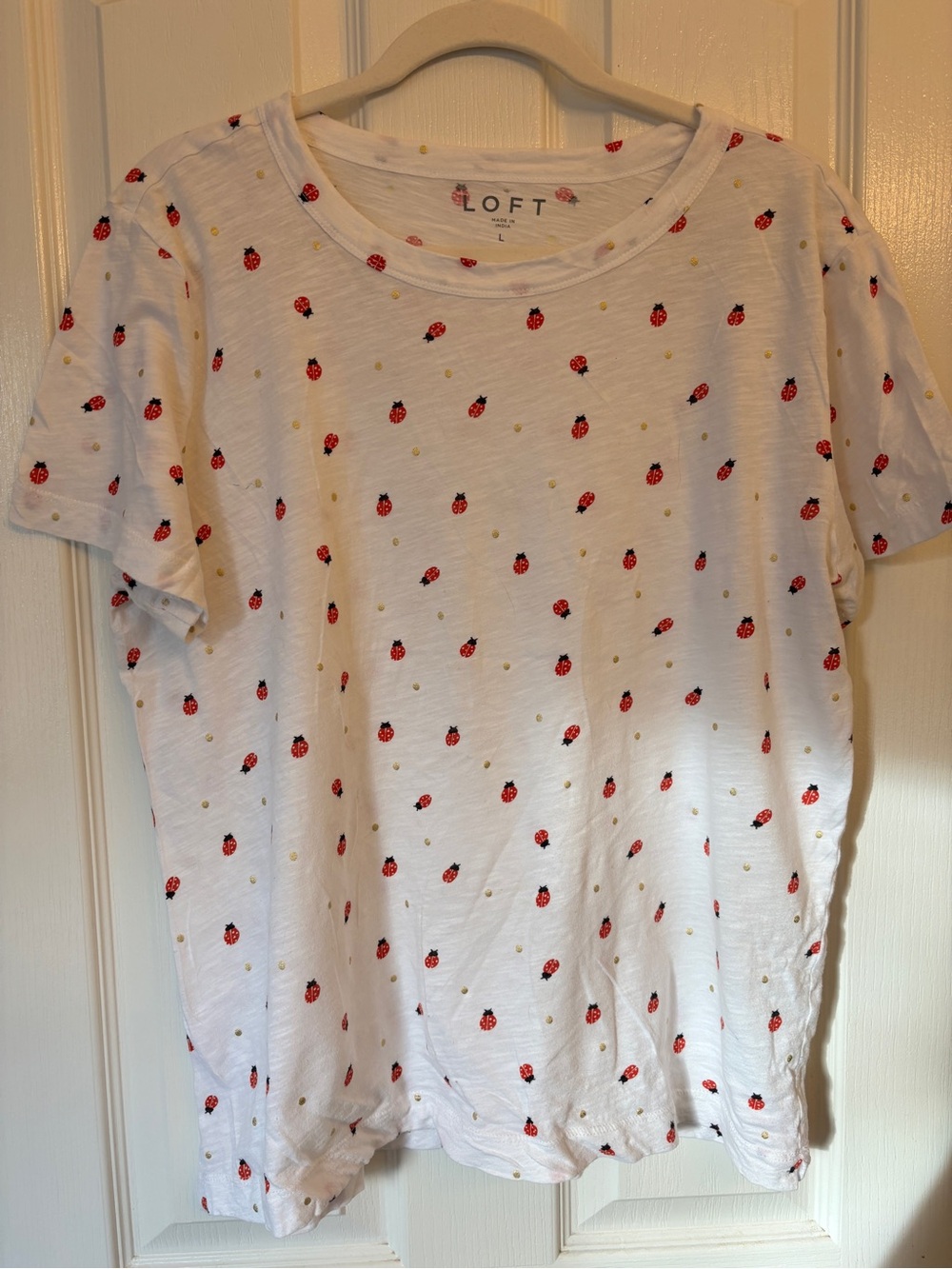 Loft Ladybug Print Soft Knit Scoop Knit 100% Cotton T-Shirt ~ Women’s Large